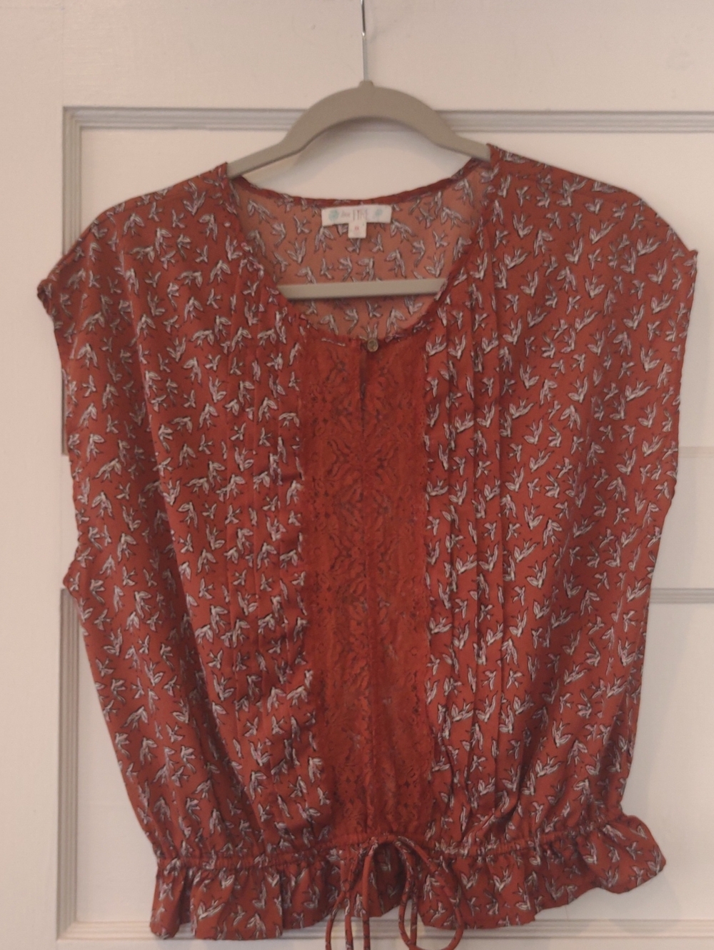 love, Fire Rust Floral Lace-Front Drawstring Blouse